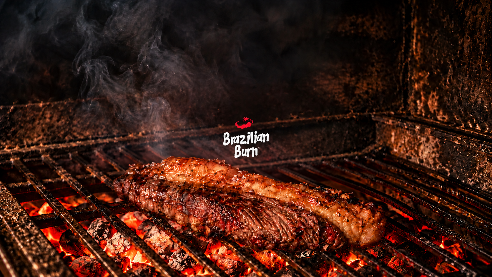 Brazilian Burn signature over a grill, glowing embers and rising smoke